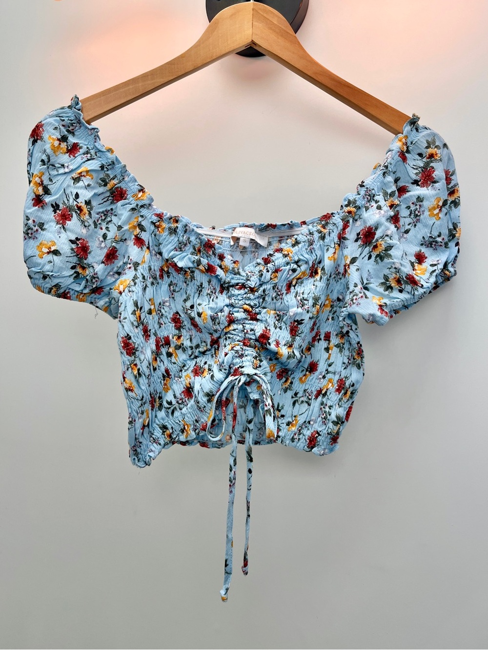 Olivaceous Light Blue Floral Shirred Drawstring Crop Top